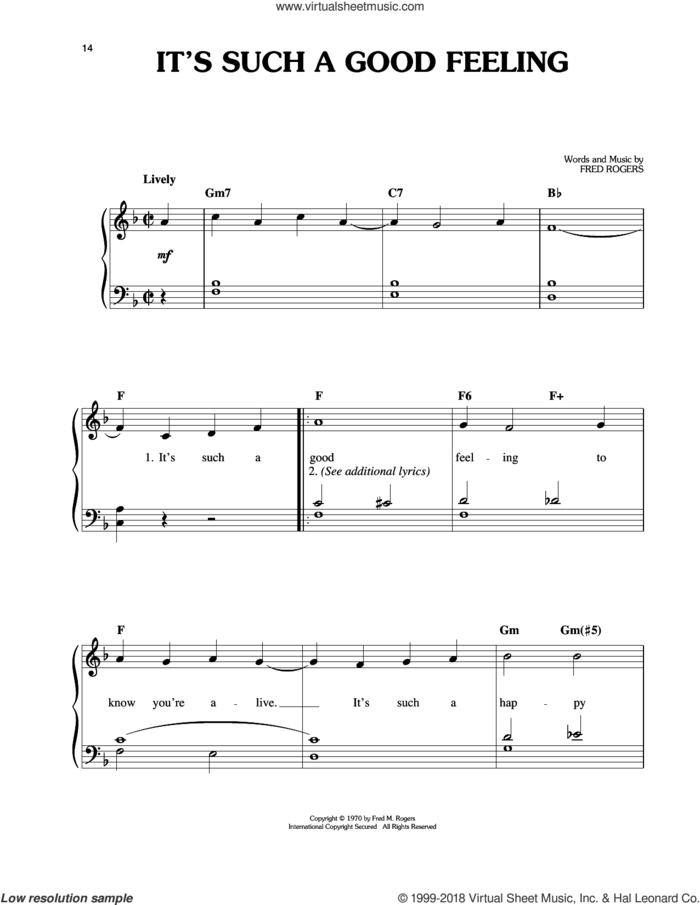 It's Such A Good Feeling sheet music for piano solo by Fred Rogers and Mister Rogers, easy skill level