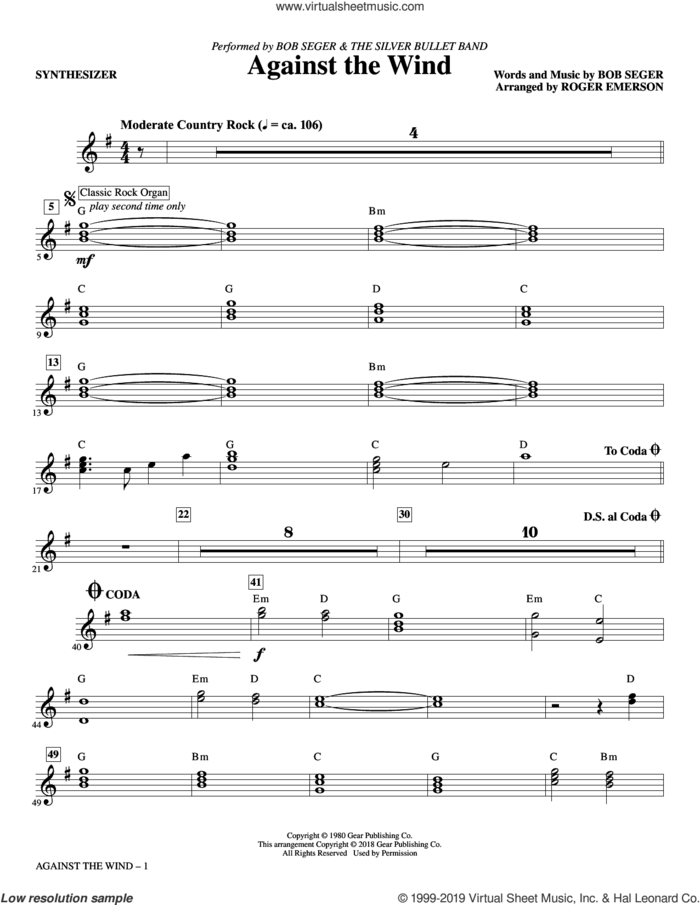 Against the Wind (complete set of parts) sheet music for orchestra/band by Roger Emerson, Bob Seger and Bob Seger & The Silver Bullet Band, intermediate skill level