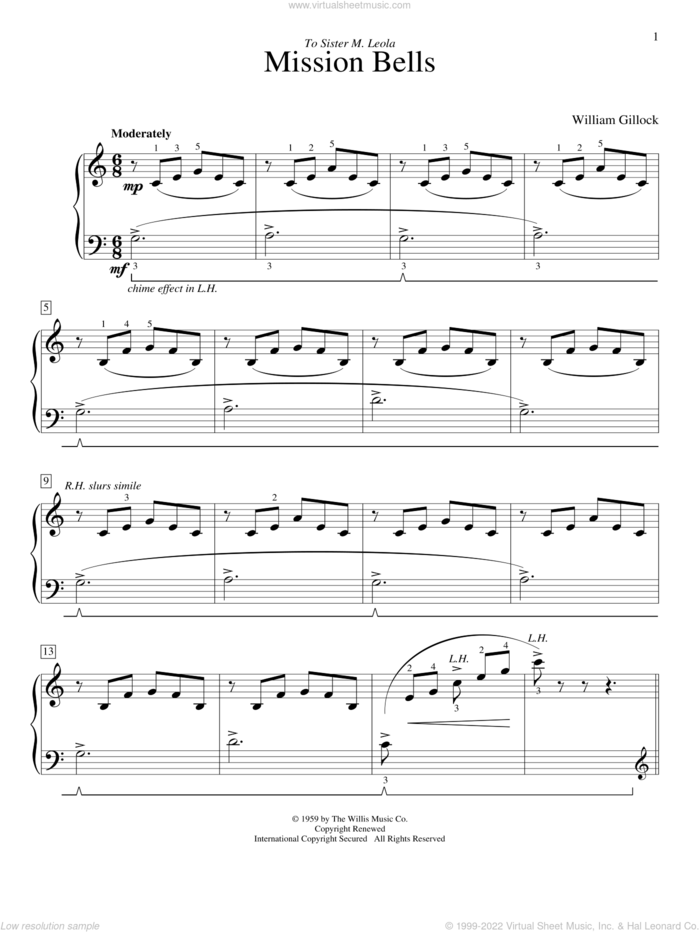 Mission Bells sheet music for piano solo (elementary) by William Gillock, beginner piano (elementary)