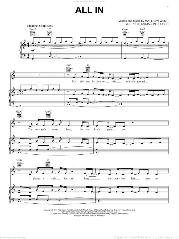 All In sheet music for voice, piano or guitar by Matthew West, A.J. Pruis and Jason Houser, intermediate skill level