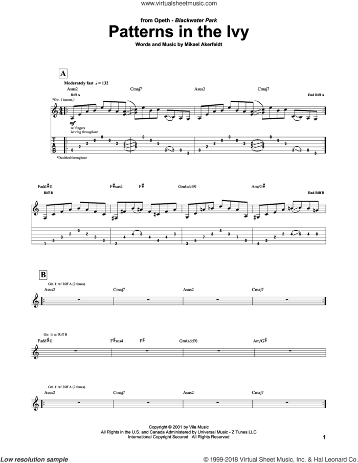 Patterns In The Ivy sheet music for guitar (tablature) by Opeth and Mikael Akerfeldt, intermediate skill level