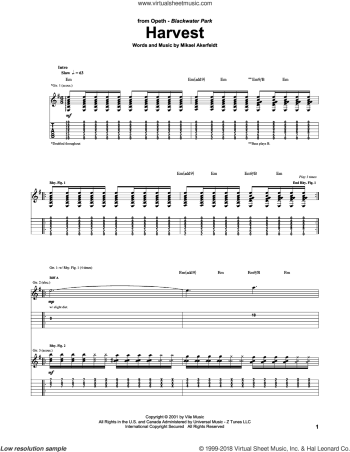 Harvest sheet music for guitar (tablature) by Opeth and Mikael Akerfeldt, intermediate skill level