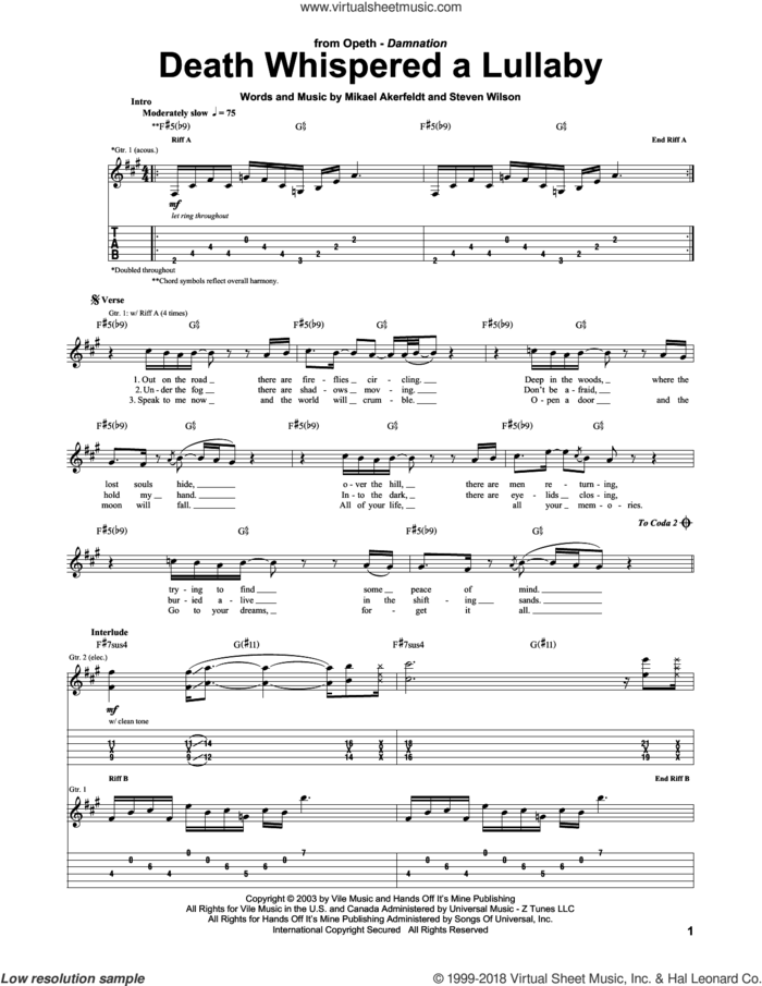 Death Whispered A Lullaby sheet music for guitar (tablature) by Opeth, Mikael Akerfeldt and Steven Wilson, intermediate skill level