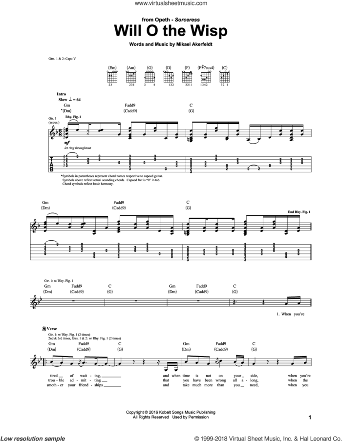 Will O The Wisp sheet music for guitar (tablature) by Opeth and Mikael Akerfedlt, intermediate skill level
