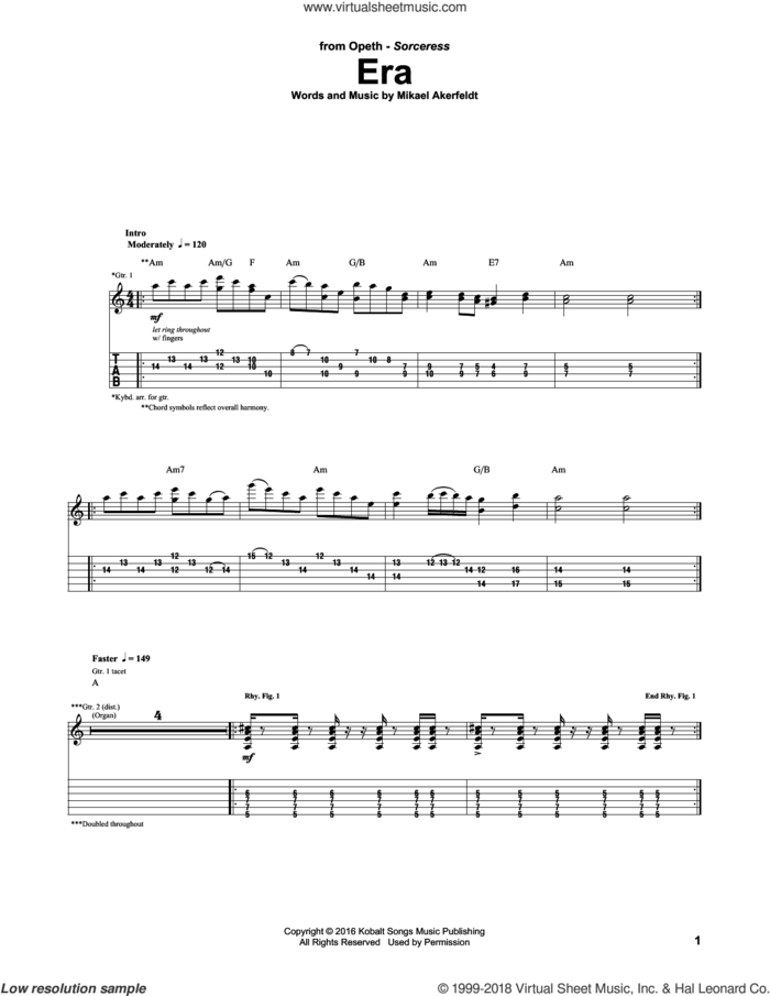 Era sheet music for guitar (tablature) by Opeth and Mikael Akerfedlt, intermediate skill level