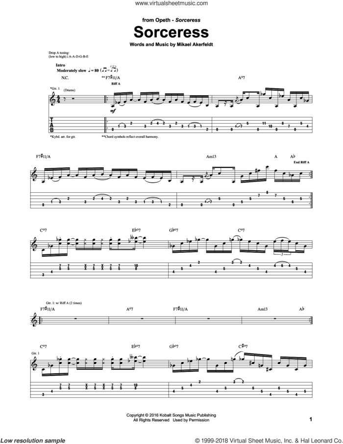 Sorceress sheet music for guitar (tablature) by Opeth and Mikael Akerfedlt, intermediate skill level