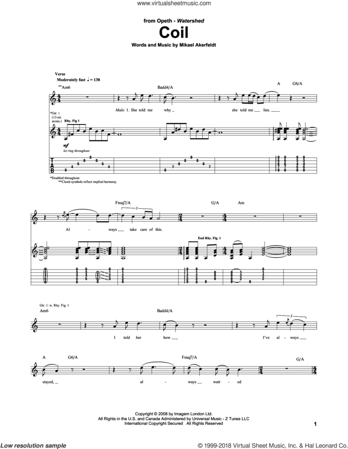 Coil sheet music for guitar (tablature) by Opeth and Mikael Akerfeldt, intermediate skill level