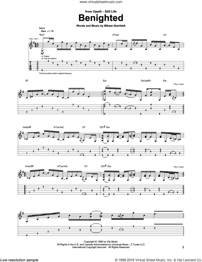 Benighted sheet music for guitar (tablature) by Opeth and Mikael Akerfeldt, intermediate skill level