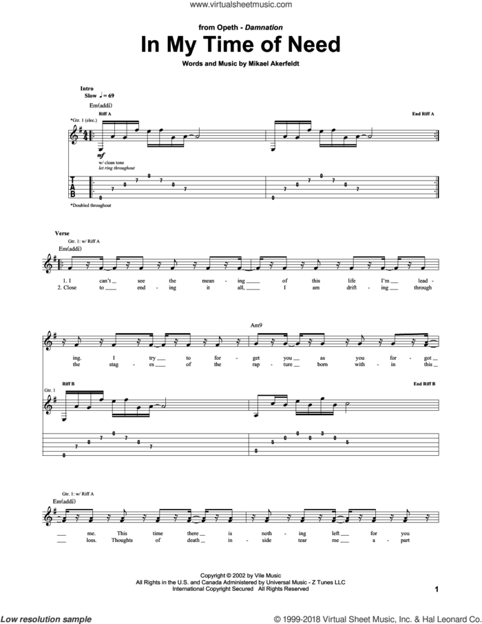In My Time Of Need sheet music for guitar (tablature) by Opeth and Mikael Akerfeldt, intermediate skill level