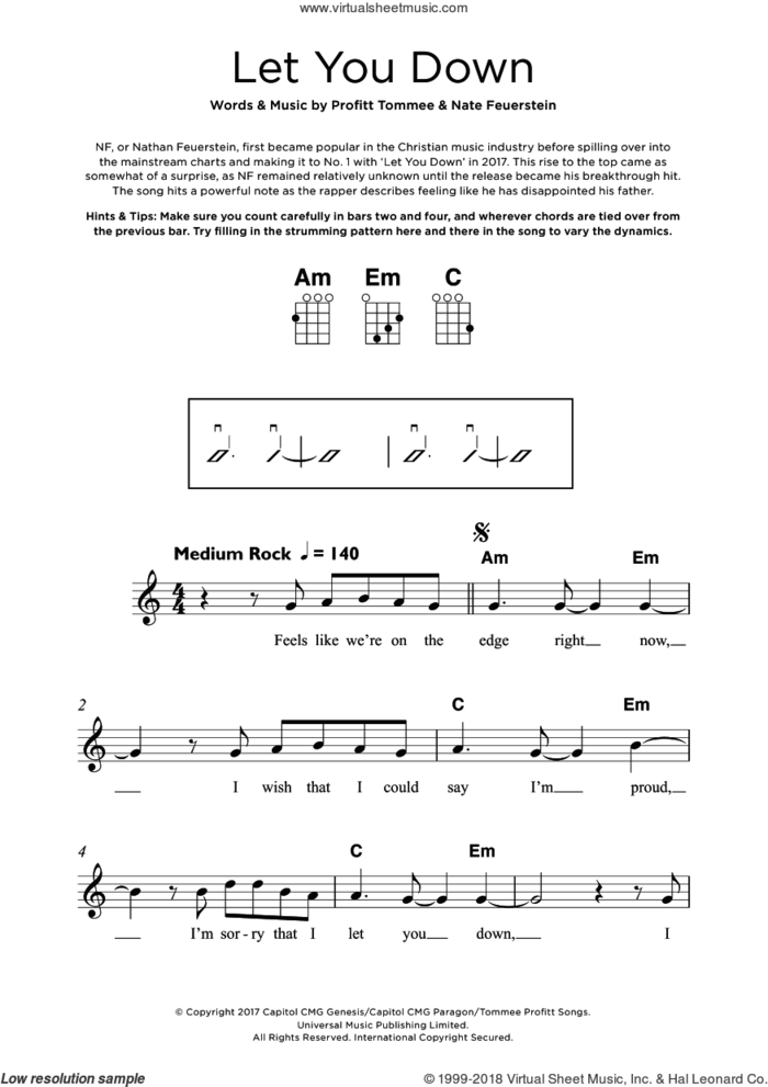 Let You Down sheet music for ukulele by NF, Nate Feuerstein and Profitt Tommee, intermediate skill level