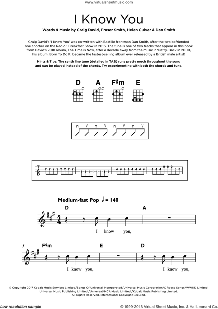 I Know You (featuring Bastille) sheet music for ukulele by Craig David, Bastille, Dan Smith, Fraser T. Smith and Helen Culver, intermediate skill level