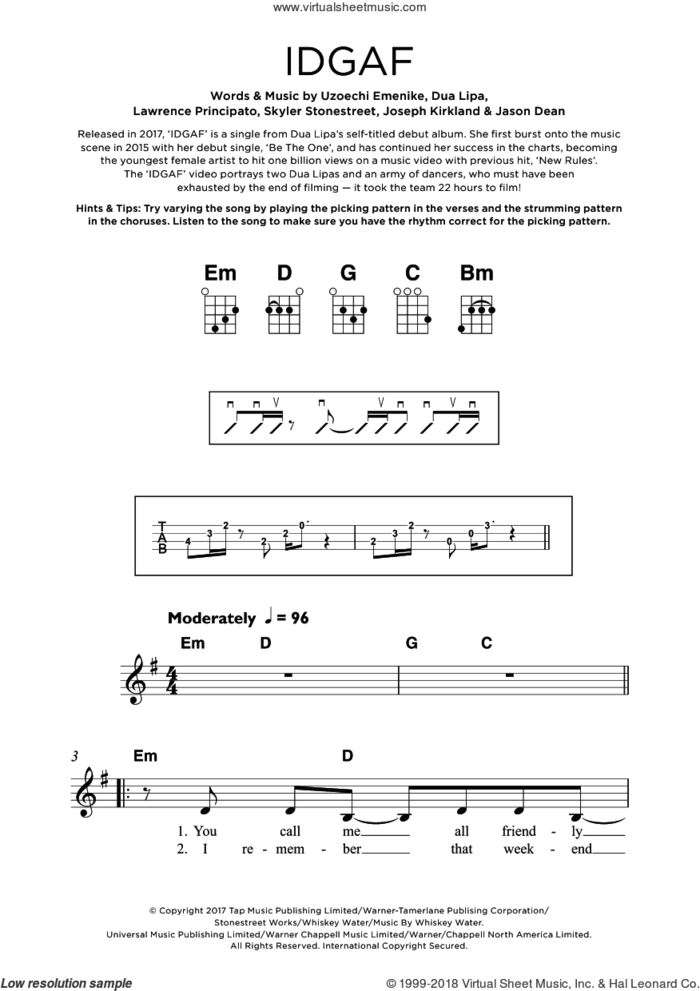 IDGAF sheet music for ukulele by Dua Lipa, Jason Dean, Joseph Kirkland, Lawrence Principato, Skyler Stonestreet and Uzoechi Emenike, intermediate skill level