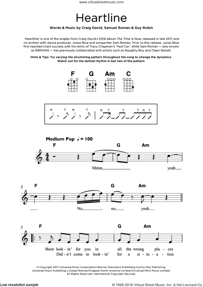 Heartline sheet music for ukulele by Craig David, Guy Robin and Samuel Roman, intermediate skill level