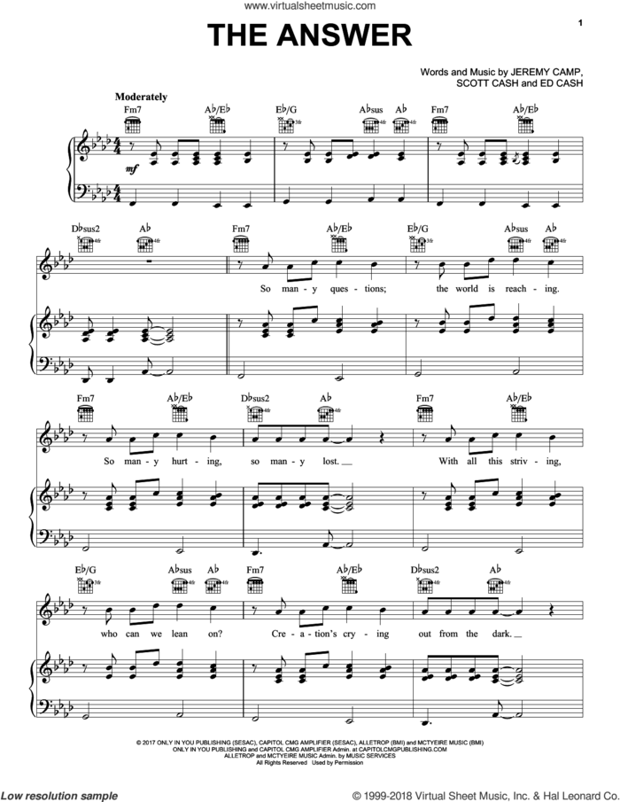 The Answer sheet music for voice, piano or guitar by Jeremy Camp, Ed Cash and Scott Cash, intermediate skill level