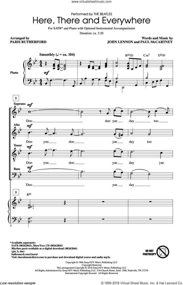 Here, There And Everywhere sheet music for choir (SATB: soprano, alto, tenor, bass) by Paul McCartney, Paris Rutherford, George Benson, The Beatles and John Lennon, wedding score, intermediate skill level