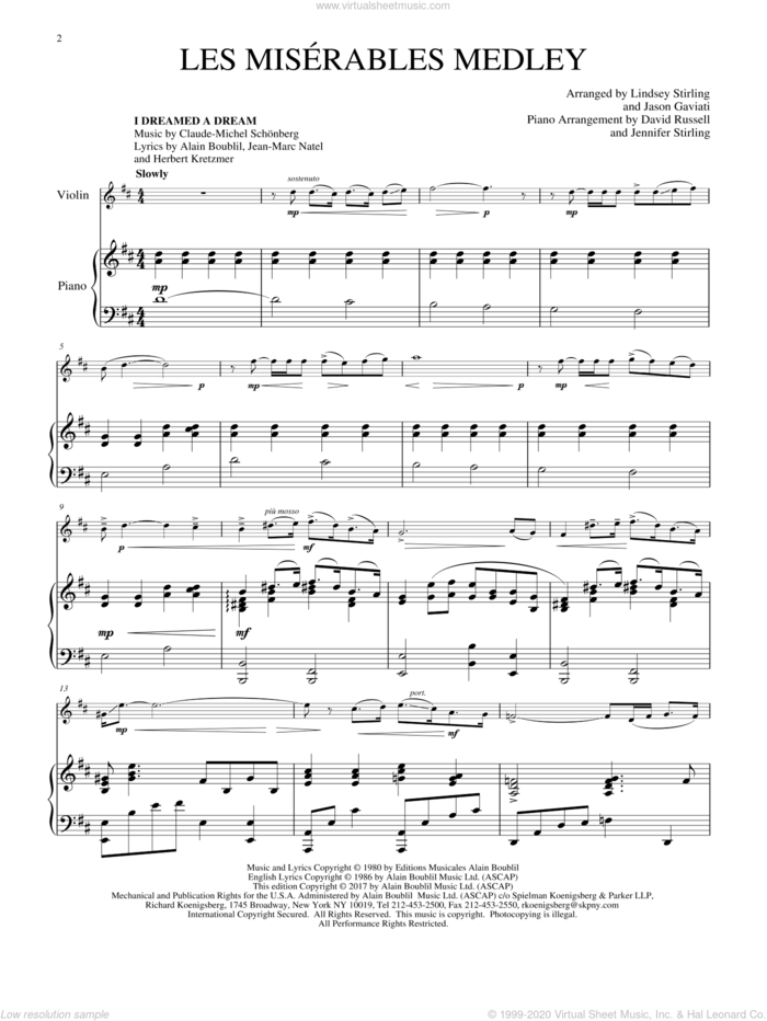 Les Miserables Medley sheet music for violin and piano by Alain Boublil, Lindsey Stirling, Claude-Michel Schonberg, Claude-Michel Schonberg and Herbert Kretzmer, intermediate skill level