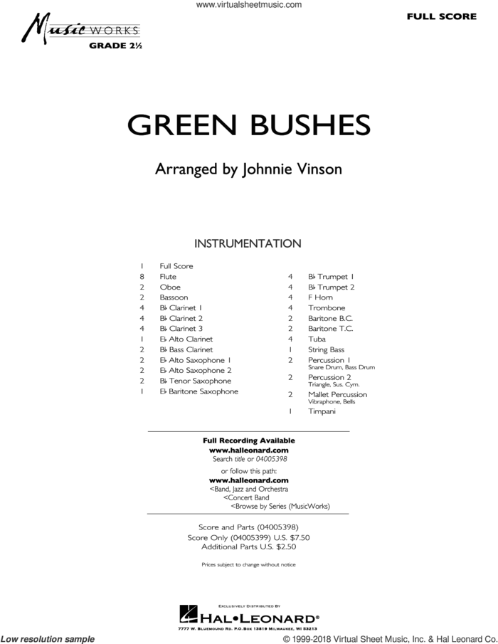 Green Bushes (COMPLETE) sheet music for concert band by Johnnie Vinson and Miscellaneous, intermediate skill level