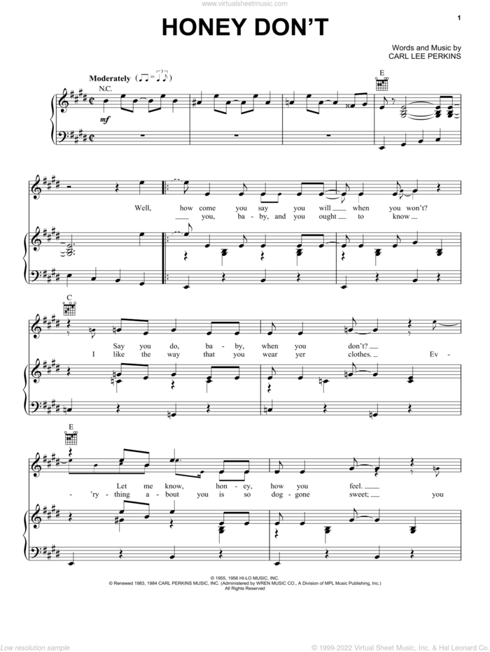 Honey Don't sheet music for voice, piano or guitar by The Beatles and Carl Perkins, intermediate skill level