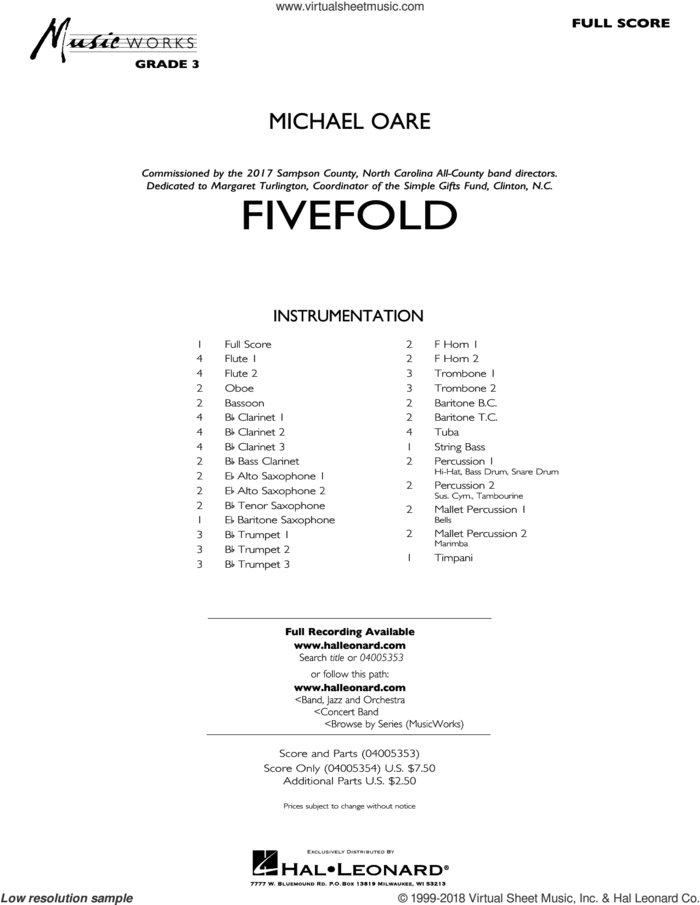 Fivefold (COMPLETE) sheet music for concert band by Michael Oare, intermediate skill level