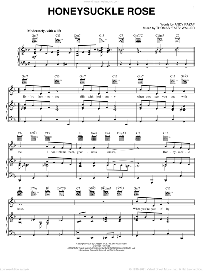 Honeysuckle Rose sheet music for voice, piano or guitar by Django Reinhardt, Andy Razaf and Thomas Waller, intermediate skill level
