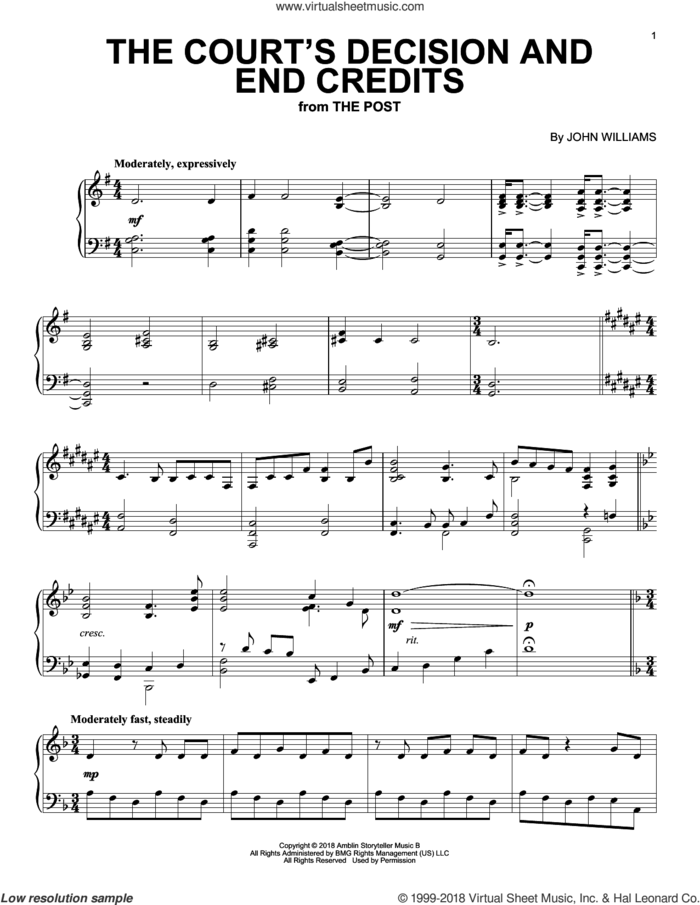 The Court's Decision And End Credits sheet music for piano solo by John Williams, intermediate skill level