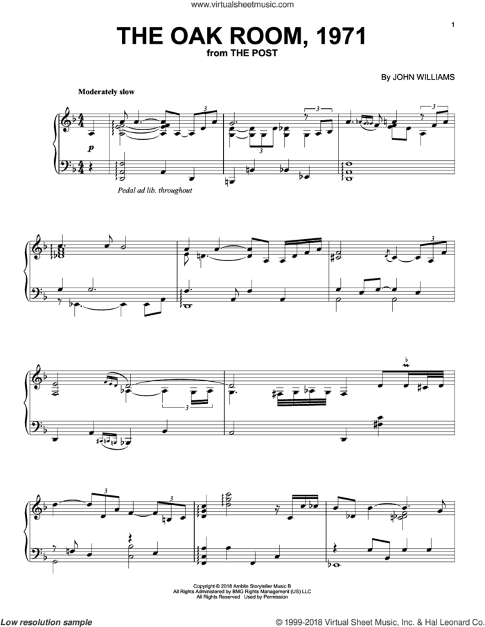 The Oak Room, 1971 sheet music for piano solo by John Williams, intermediate skill level