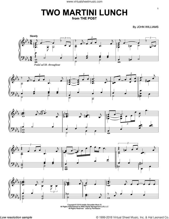 Two Martini Lunch sheet music for piano solo by John Williams, intermediate skill level