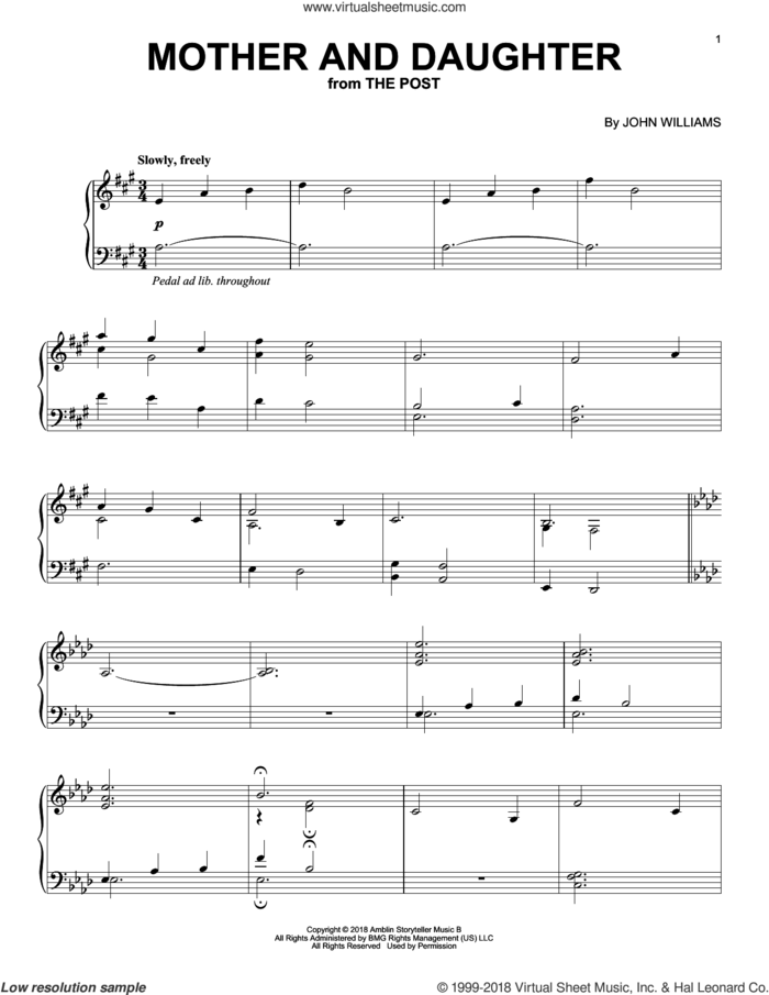 Mother And Daughter sheet music for piano solo by John Williams, intermediate skill level