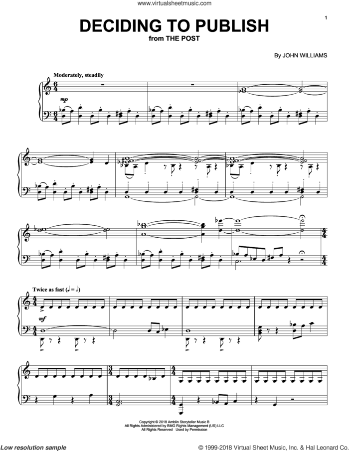 Deciding To Publish sheet music for piano solo by John Williams, intermediate skill level