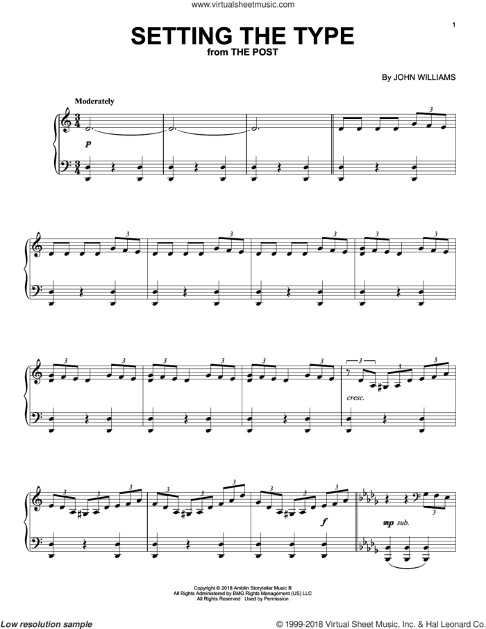 Setting The Type sheet music for piano solo by John Williams, intermediate skill level