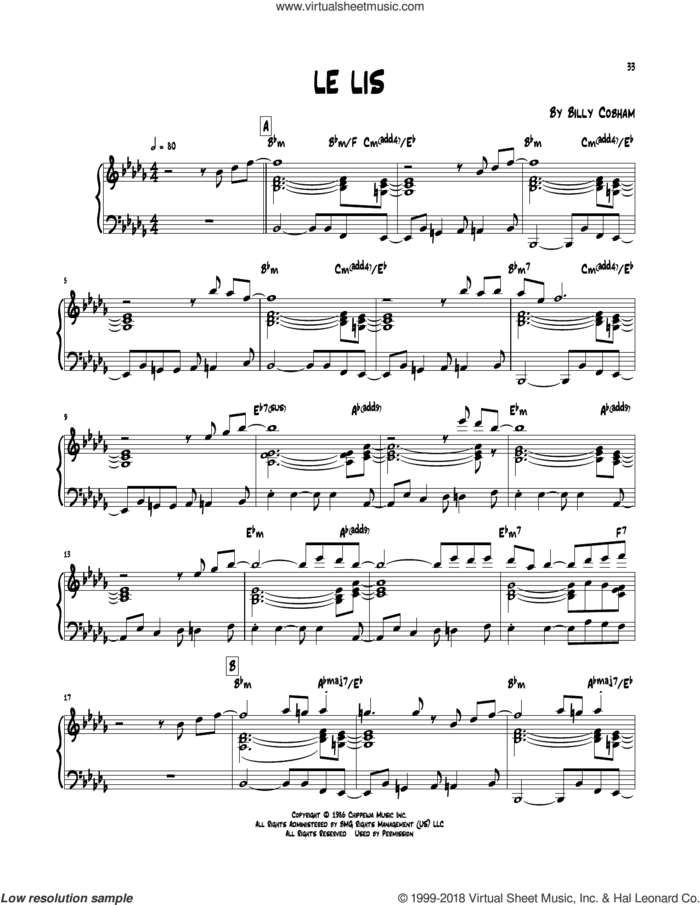 Le Lis sheet music for piano solo (transcription) by Billy Cobham, intermediate piano (transcription)