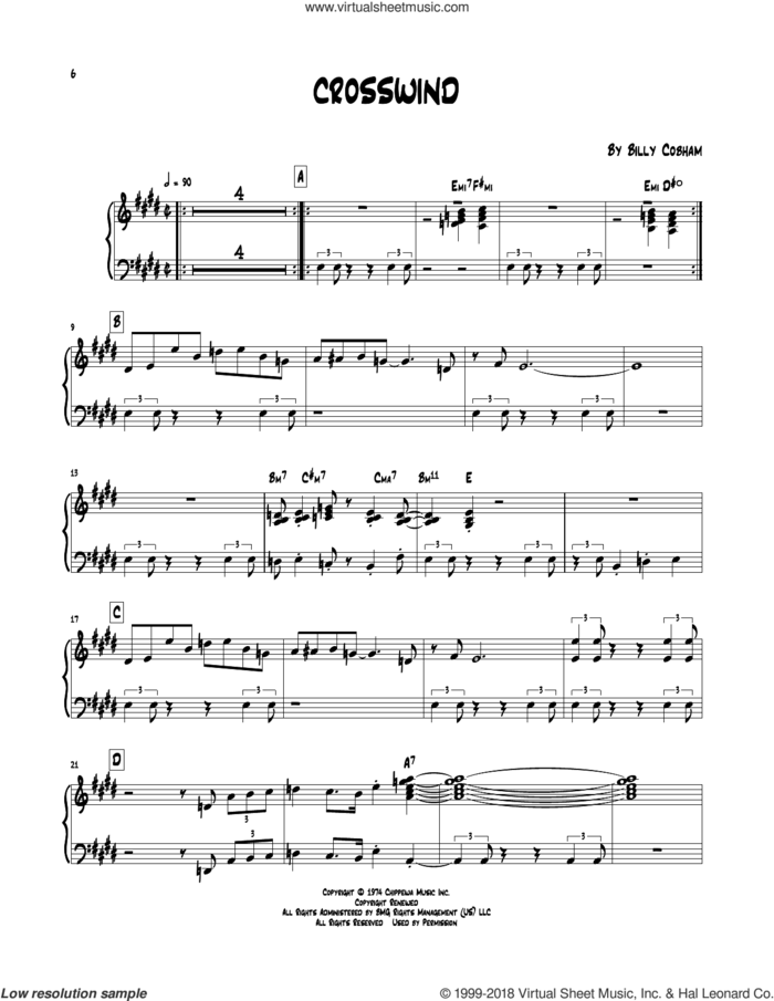 Crosswind sheet music for piano solo (transcription) by Billy Cobham, intermediate piano (transcription)