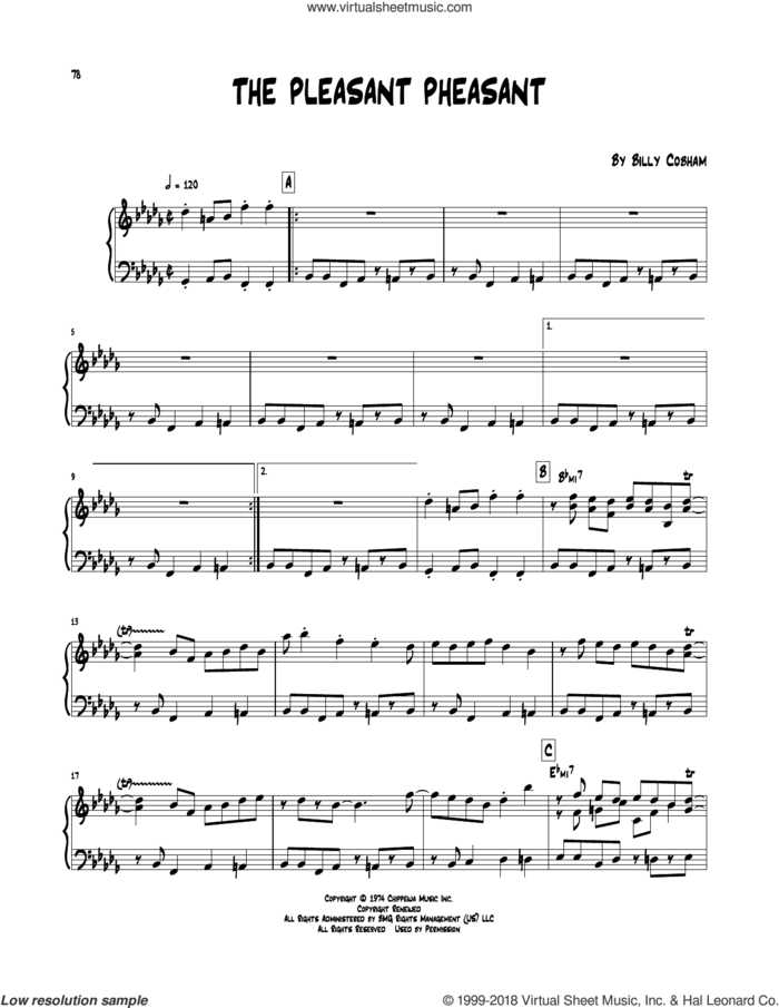 The Pleasant Pheasant sheet music for piano solo (transcription) by Billy Cobham, intermediate piano (transcription)