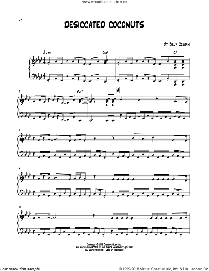 Desiccated Coconuts sheet music for piano solo (transcription) by Billy Cobham, intermediate piano (transcription)