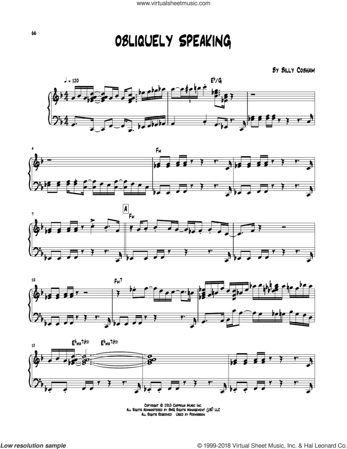Obliquely Speaking sheet music for piano solo (transcription) by Billy Cobham, intermediate piano (transcription)