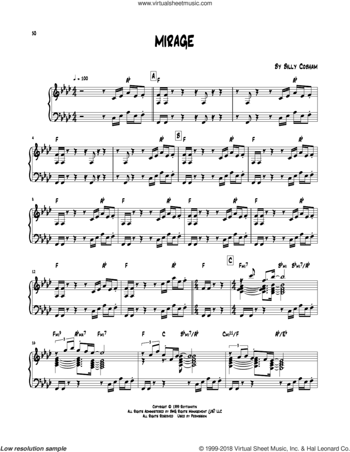 Mirage sheet music for piano solo (transcription) by Billy Cobham, intermediate piano (transcription)