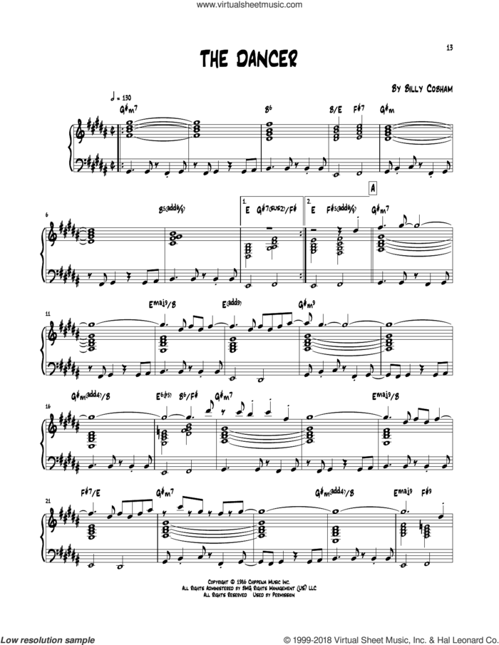 The Dancer sheet music for piano solo (transcription) by Billy Cobham, intermediate piano (transcription)