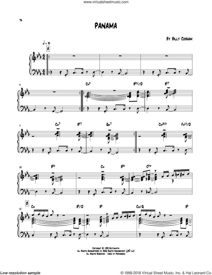 Panama sheet music for piano solo (transcription) by Billy Cobham, intermediate piano (transcription)
