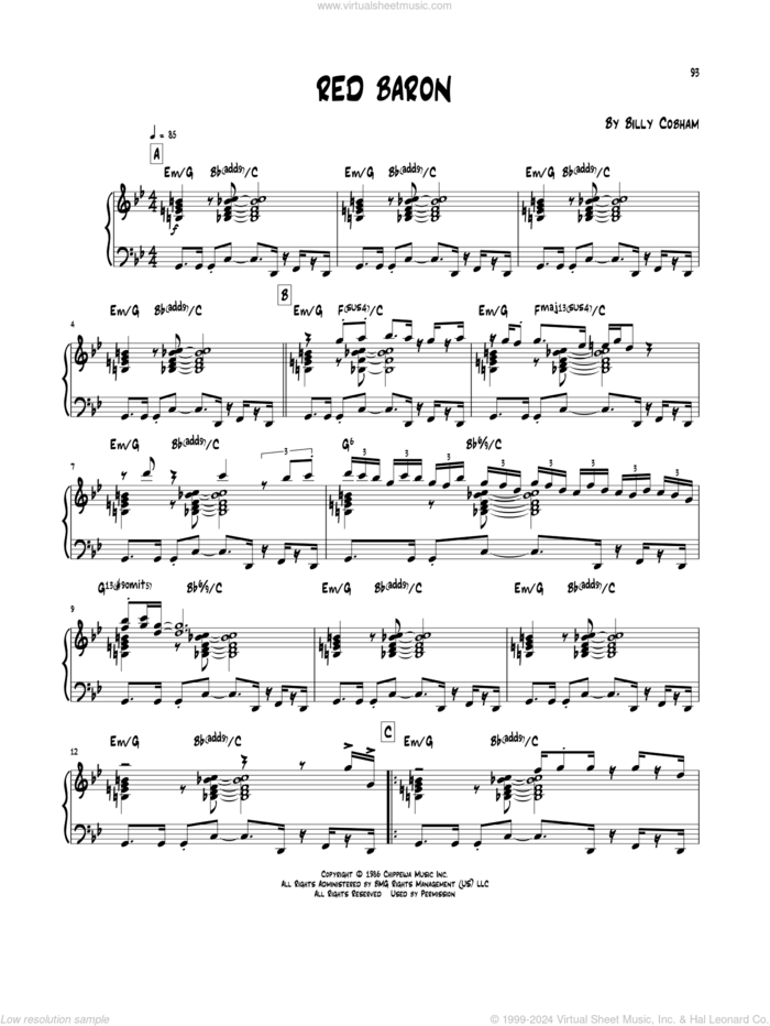 Red Baron sheet music for piano solo (transcription) by Billy Cobham, intermediate piano (transcription)