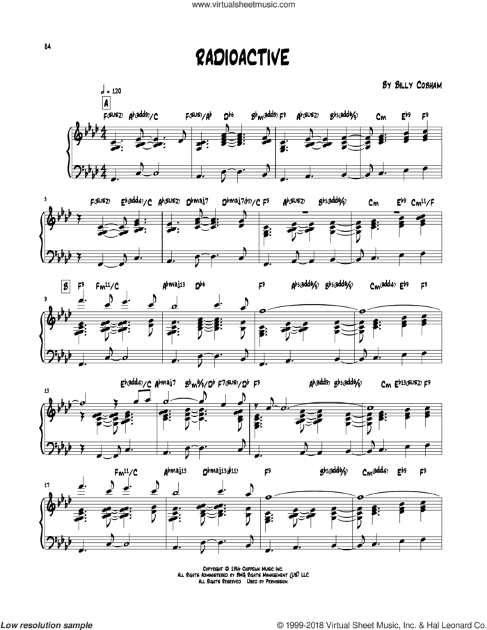 Radioactive sheet music for piano solo (transcription) by Billy Cobham, intermediate piano (transcription)