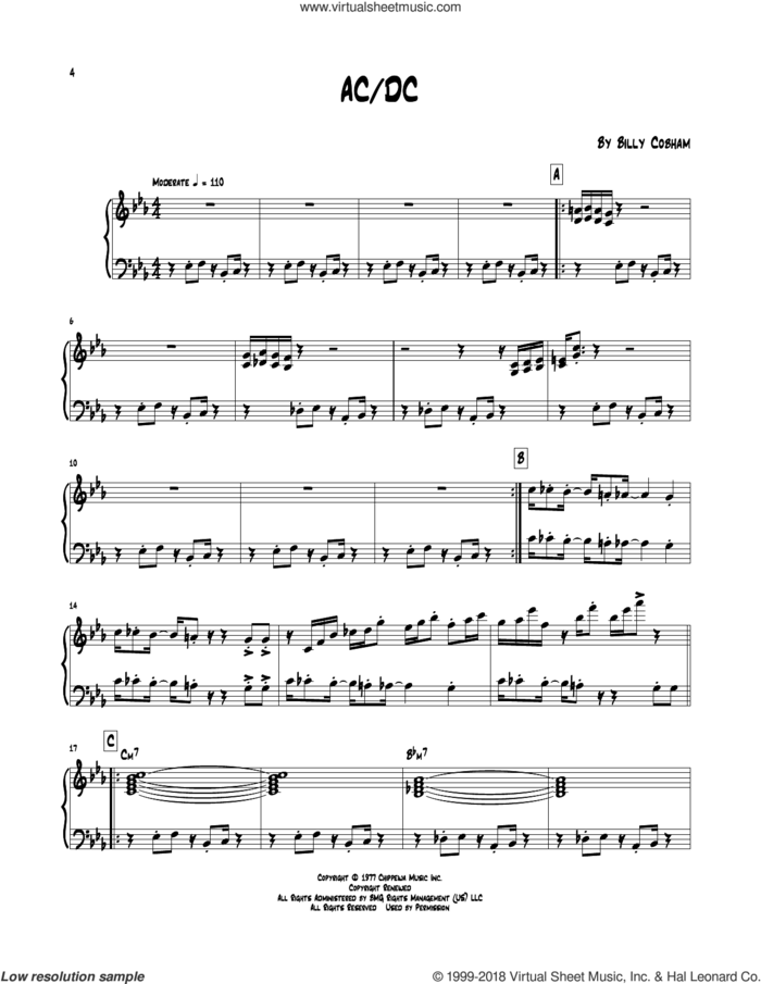 AC/DC sheet music for piano solo (transcription) by Billy Cobham, intermediate piano (transcription)