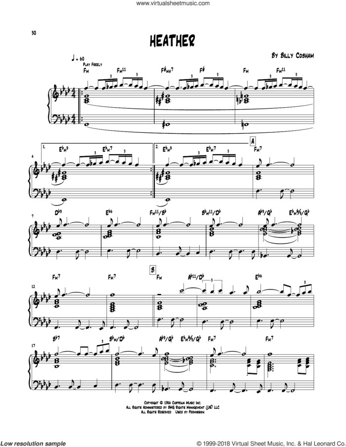 Heather sheet music for piano solo (transcription) by Billy Cobham, intermediate piano (transcription)