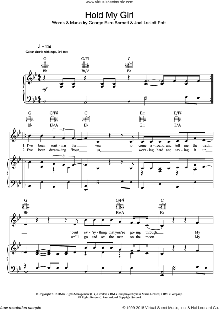 Hold My Girl sheet music for voice, piano or guitar by George Ezra, George Ezra Barnett and Joel Laslett Pott, intermediate skill level