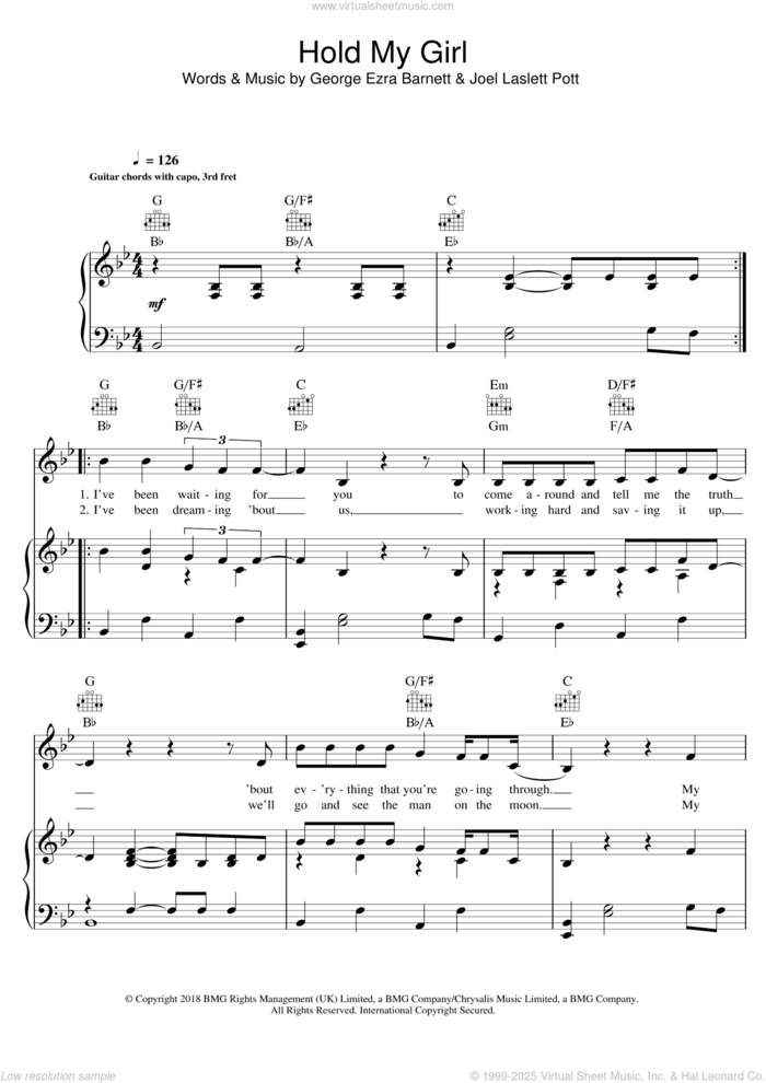 Hold My Girl sheet music for voice, piano or guitar by George Ezra, George Ezra Barnett and Joel Laslett Pott, intermediate skill level