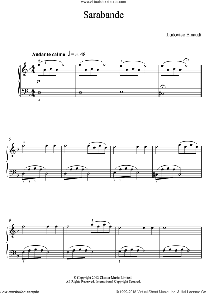 Sarabande sheet music for piano solo (elementary) by Ludovico Einaudi, classical score, beginner piano (elementary)