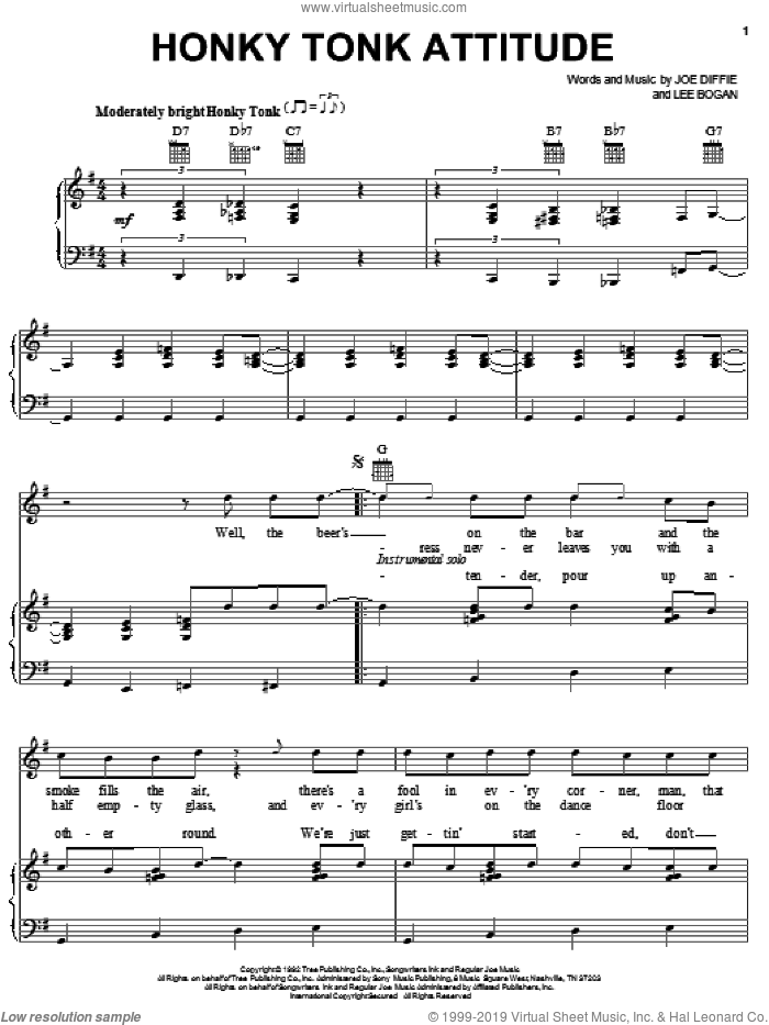 Honky Tonk Attitude sheet music for voice, piano or guitar by Joe Diffie and Lee Bogan, intermediate skill level