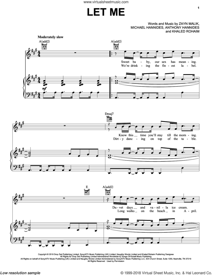 Let Me sheet music for voice, piano or guitar by Zayn, Anthony Hannides, Khaled Rohaim, Michael Hannides and Zayn Malik, intermediate skill level