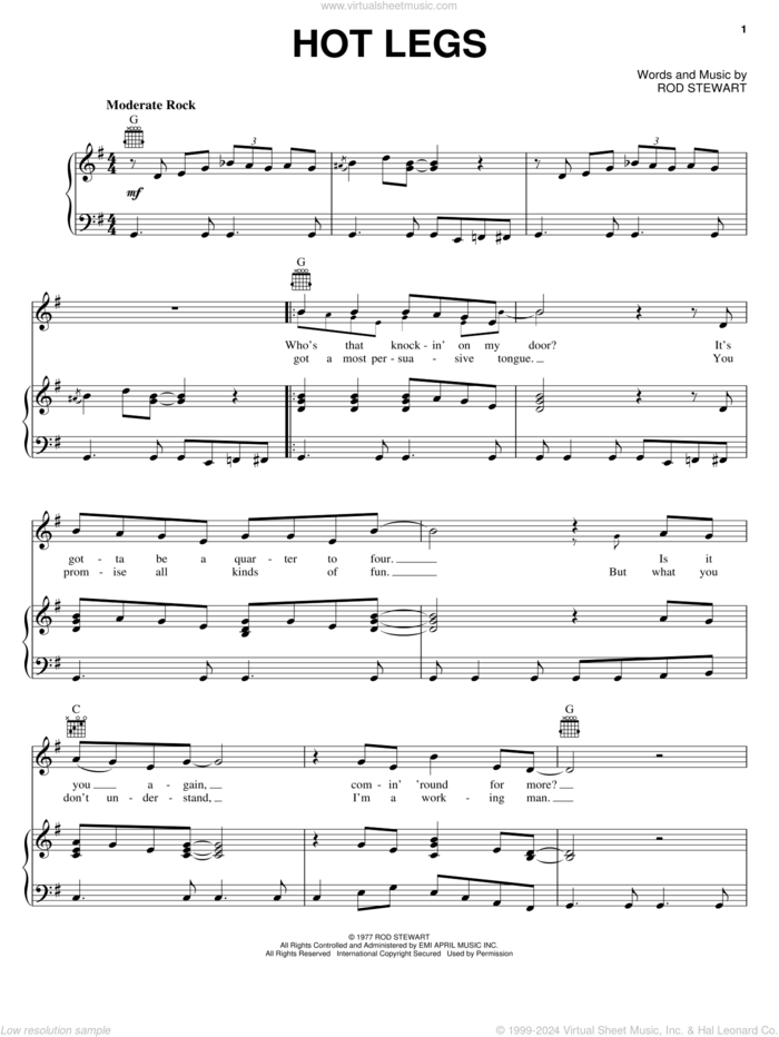 Hot Legs sheet music for voice, piano or guitar by Rod Stewart, intermediate skill level