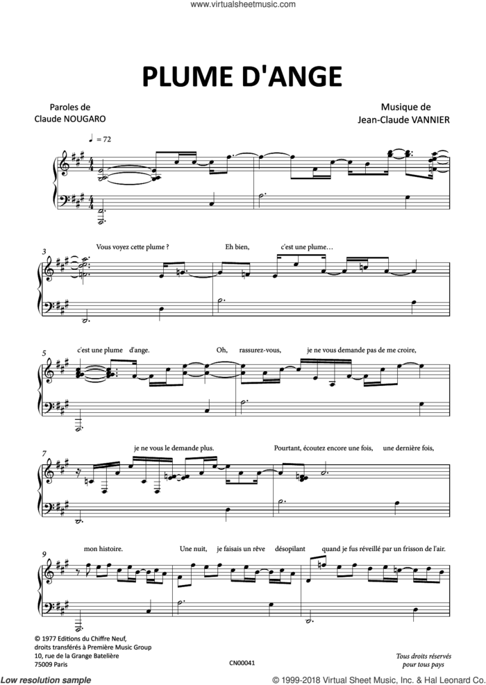 Plume D'Ange sheet music for voice and piano by Claude Nougaro and Jean-Claude Vannier, intermediate skill level