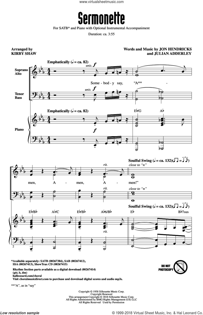 Sermonette sheet music for choir (SATB: soprano, alto, tenor, bass) by Jon Hendricks, Kirby Shaw, Lambert, Hendricks & Ross and Julian Adderley, intermediate skill level
